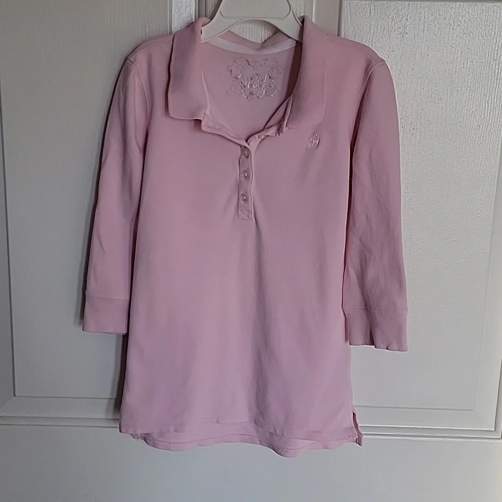 Old Navy, girls medium, pink polo shirt, 3/4 length sleeves.